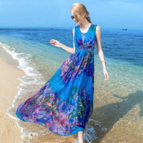 Women 100 Silk dress Beach dress 100% Natural Silk Blue Print dress Holiday summer dresses